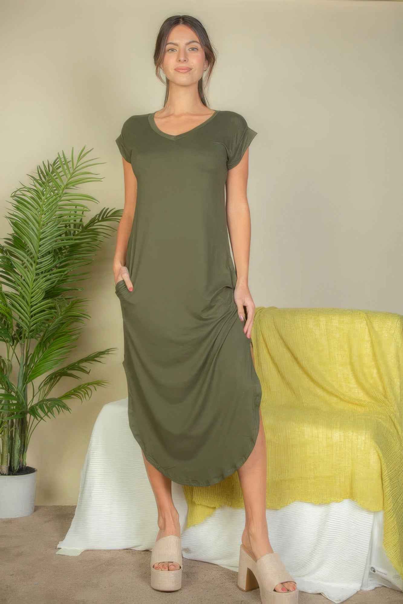 New Arrival – Hidden Pocket Batwing Sleeve V Neck Long Dress – New Arrival Now Live