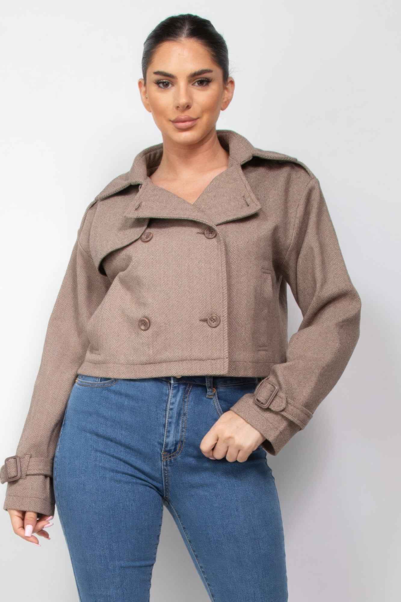 New Arrival – Notch Buckled Sleeve Crop Trench Coat – New Arrival Now Live