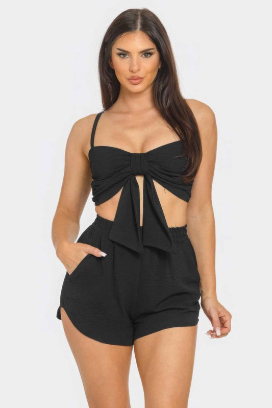 New Arrival – Front Oversized Bow Twisted Tie Top And Shorts Set – New Arrival Now Live