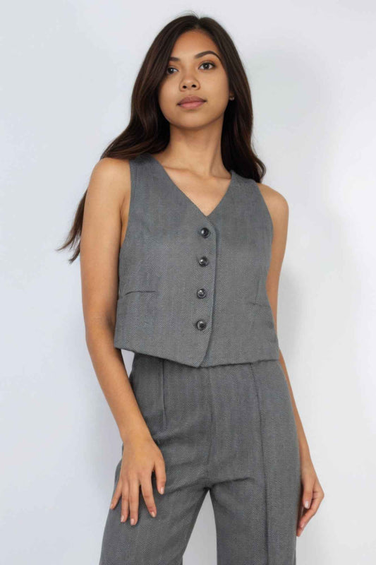 New Arrival – Herringbone V-neck Buttoned Vest Top – New Arrival Now Live