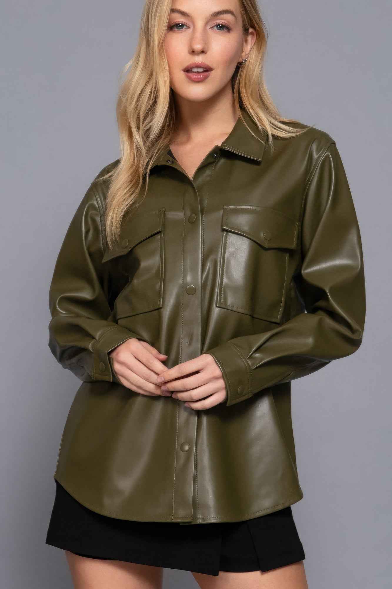 New Arrival – Long Slv Faux Leather Shacket – New Arrival Now Live