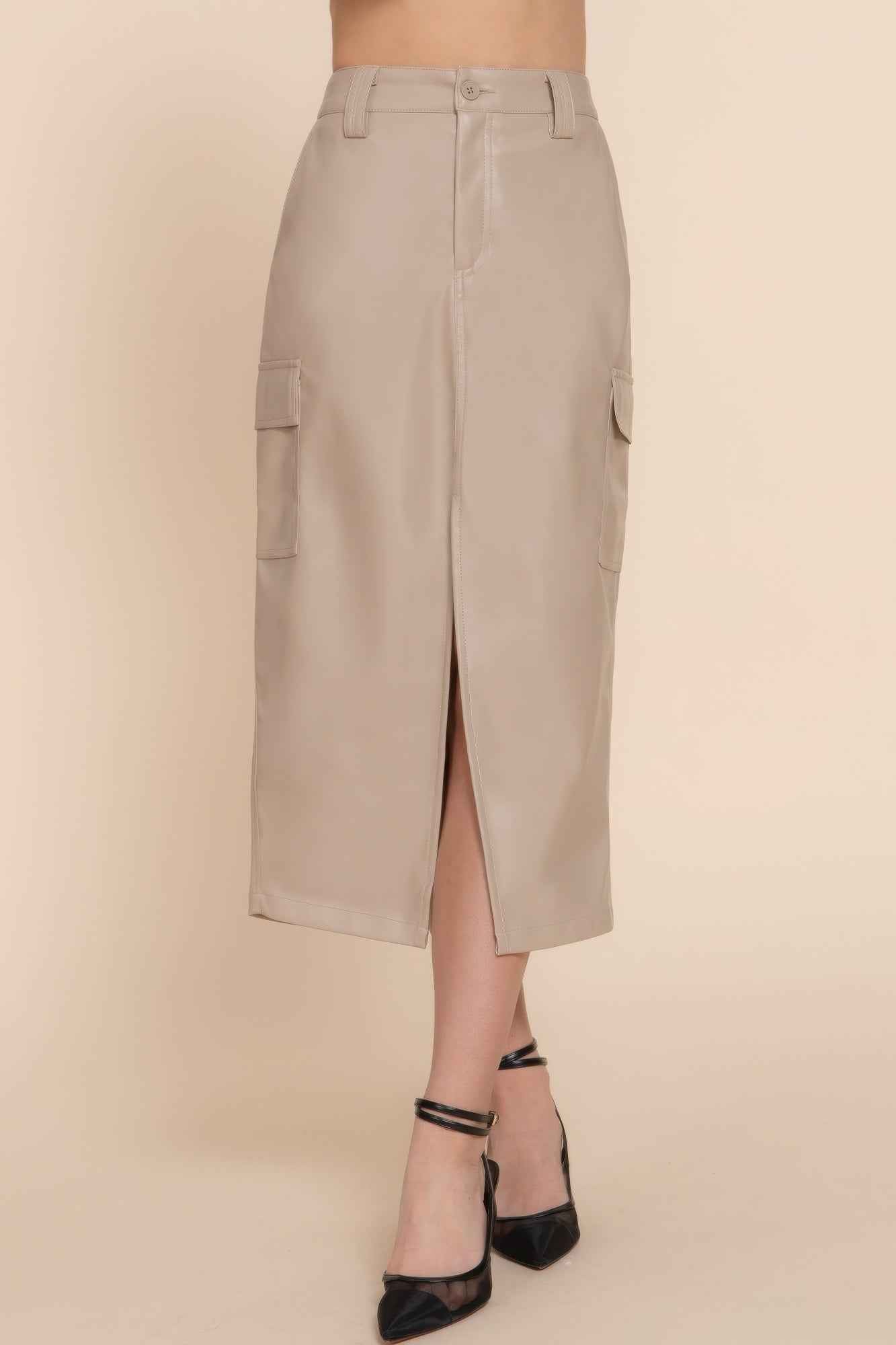New Arrival – Faux Leather Midi Cargo Skirt – New Arrival Now Live