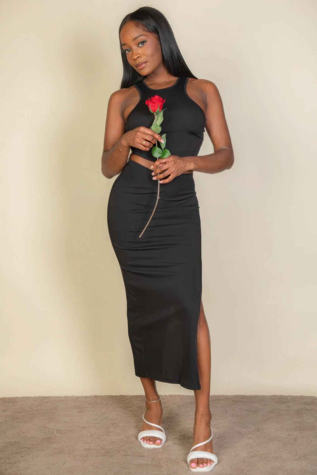 New Arrival – Ribbed cropped top and maxi side slit skirt – New Arrival Now Live