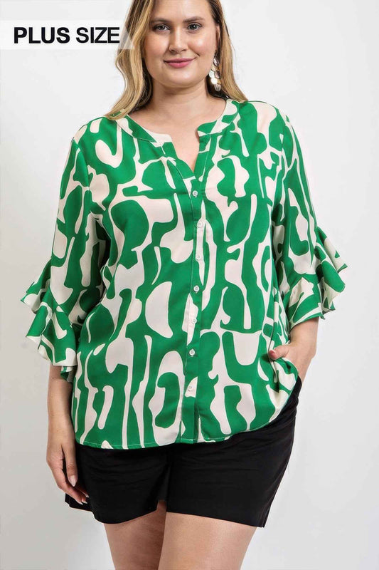 New Arrival – Geometric print ruffled bell sleeve woven top – New Arrival Now Live