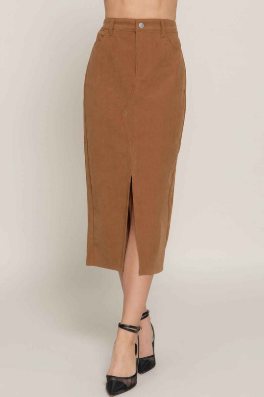 New Arrival – Front Open Slit Corduroy Midi Skirt – New Arrival Now Live