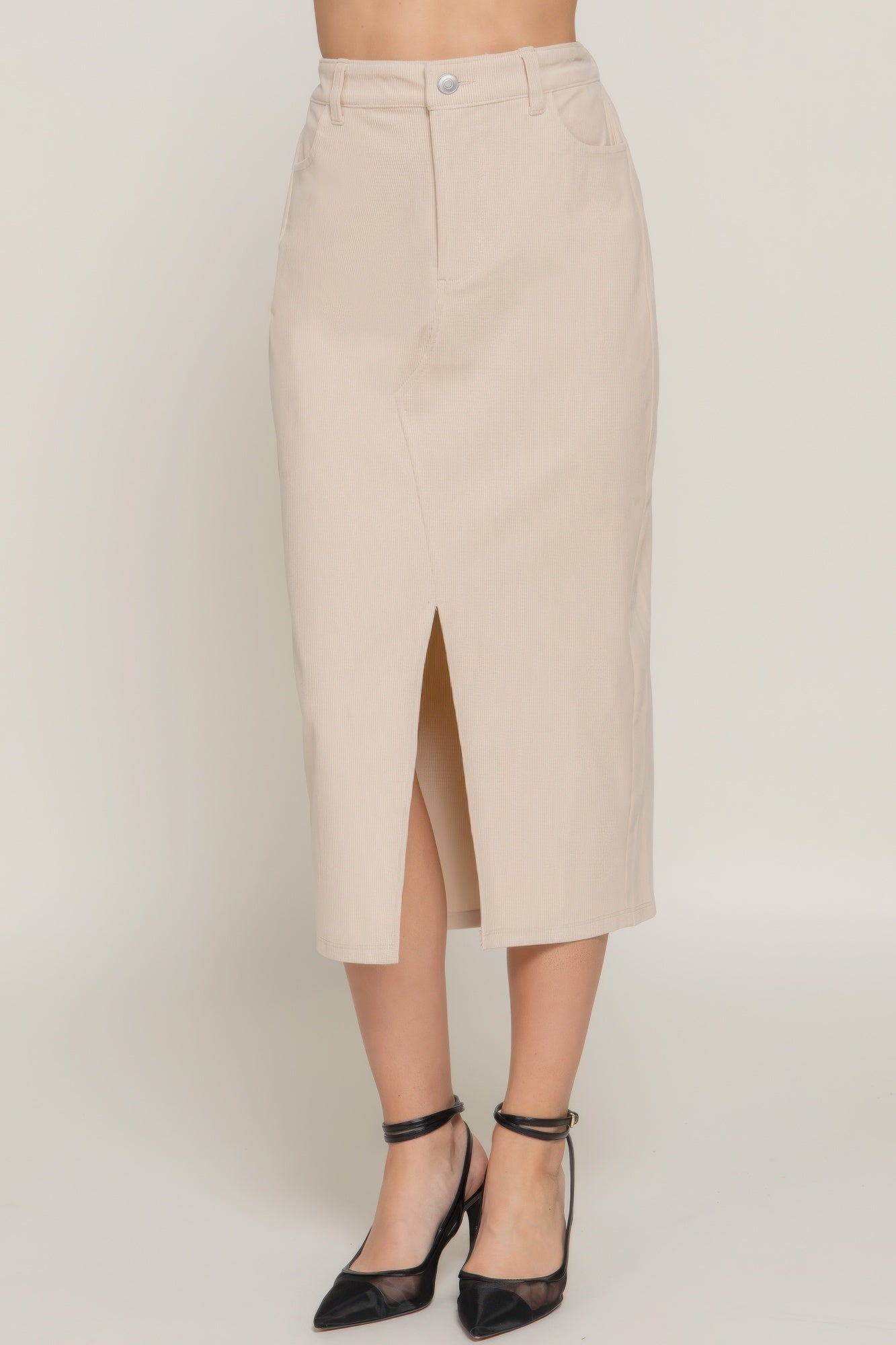 New Arrival – Front Open Slit Corduroy Midi Skirt – New Arrival Now Live