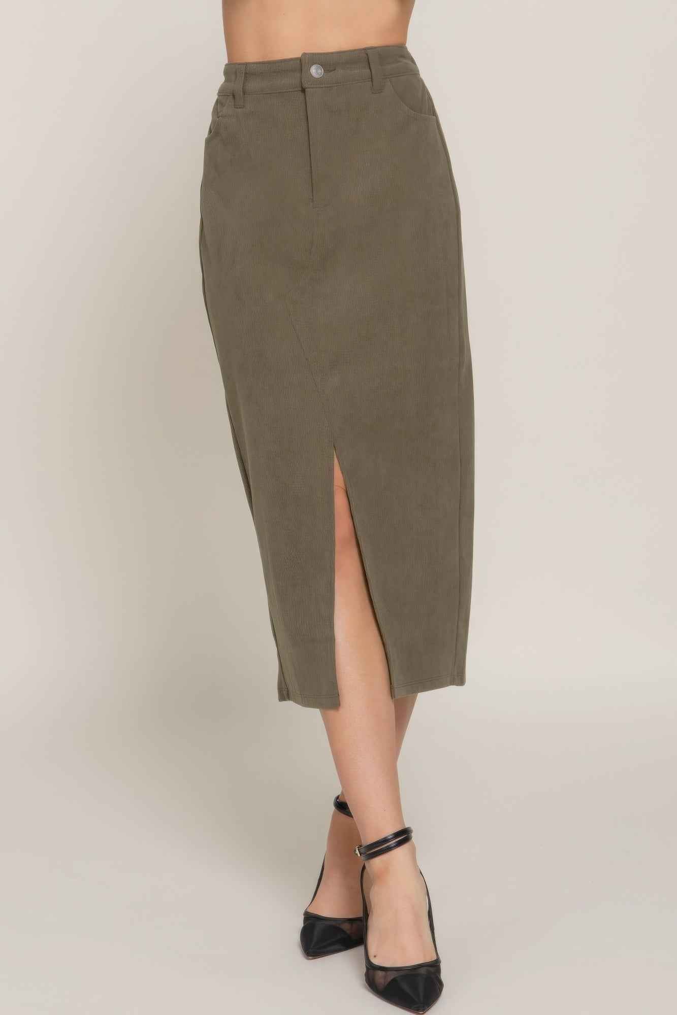 New Arrival – Front Open Slit Corduroy Midi Skirt – New Arrival Now Live