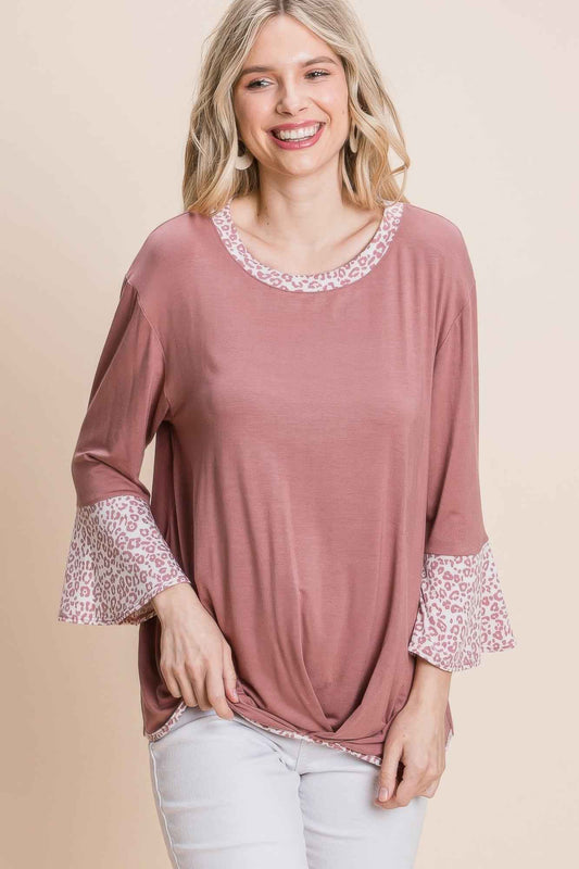 New Arrival – Animal Print Contrast Bell Sleeves Fashion Top With Gathered Front Hem – New Arrival Now Live