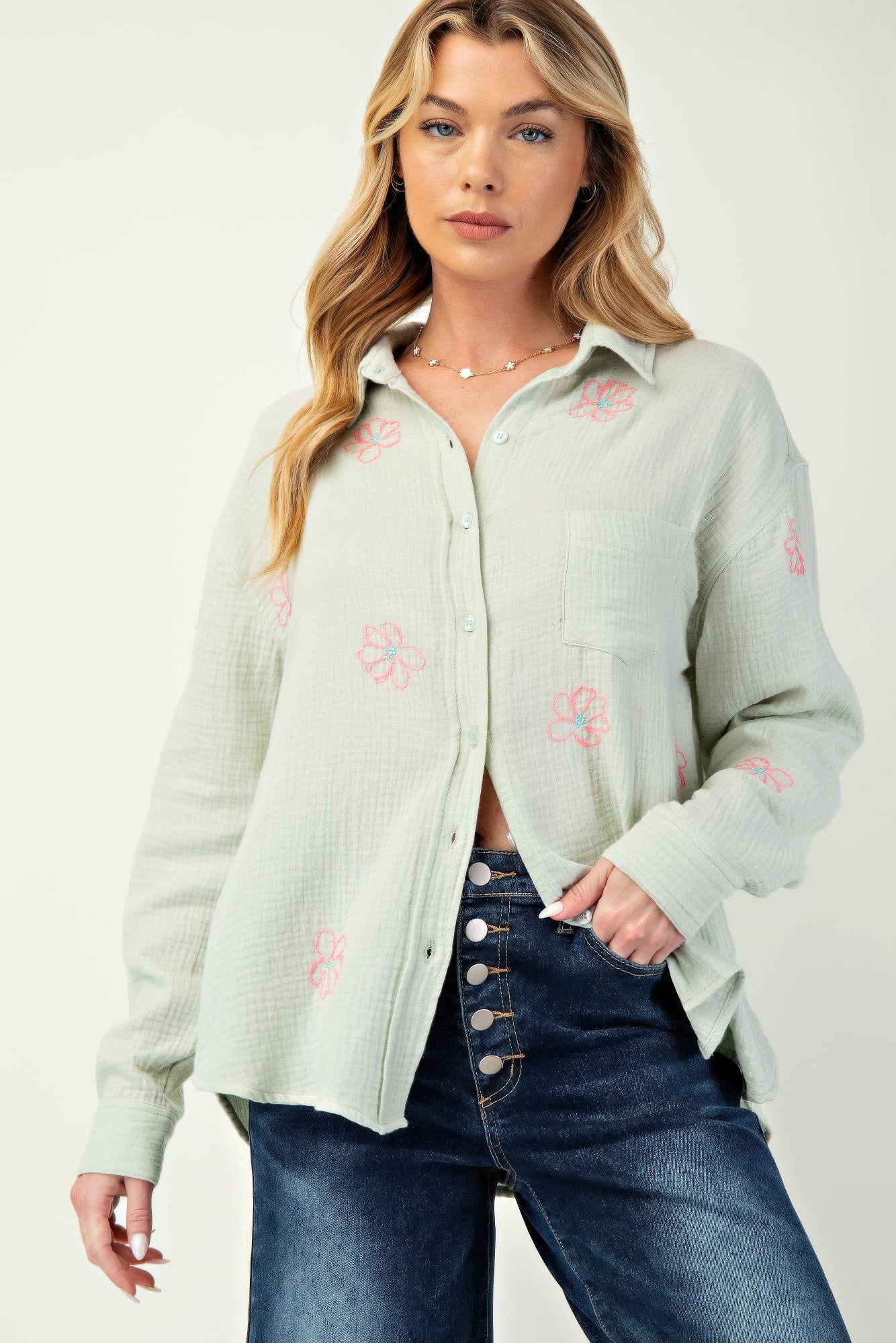New Arrival – Embo detailed cotton gauze button down shirt – New Arrival Now Live
