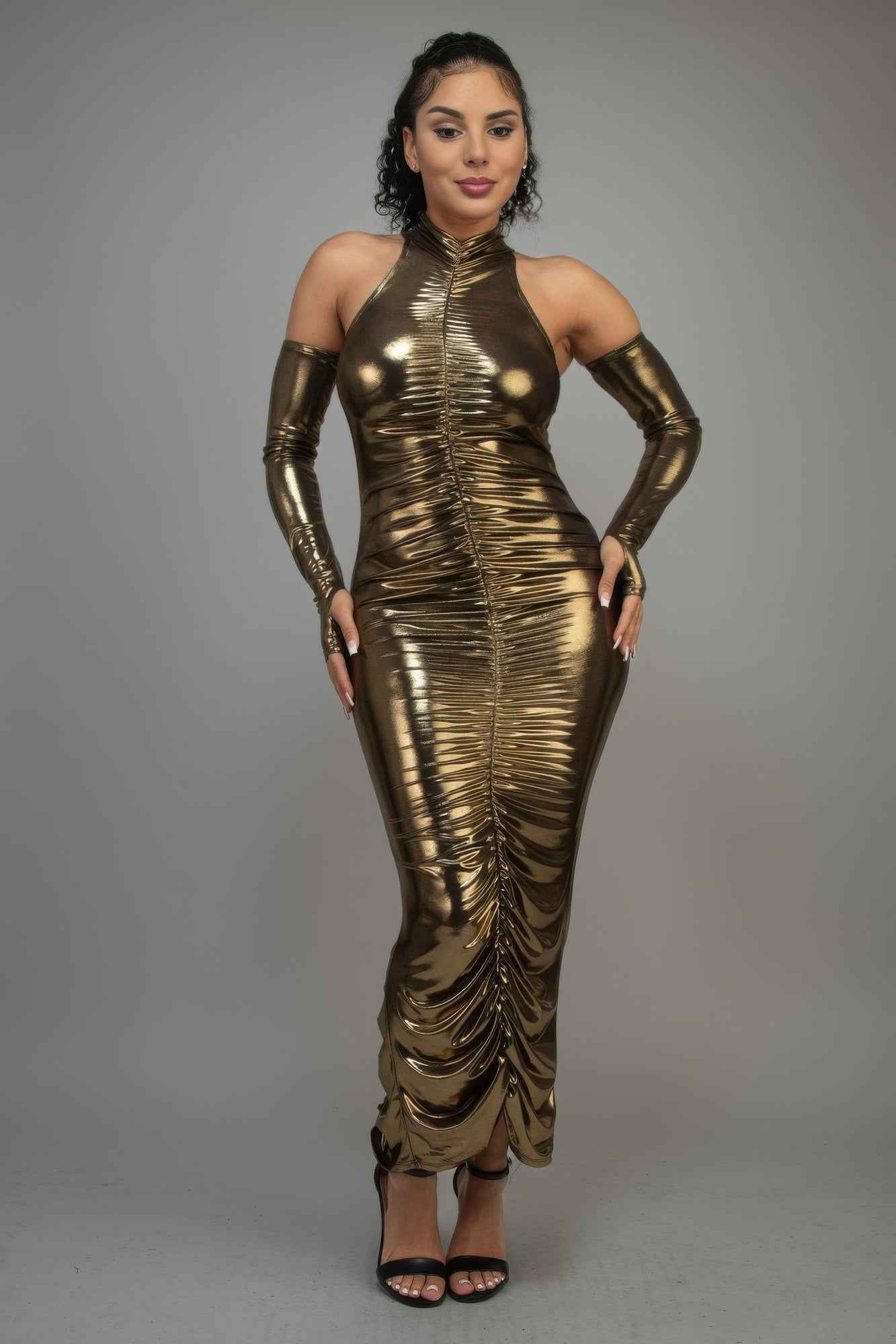 New Arrival – Metallic Ruched Dress With Sleeves – New Arrival Now Live