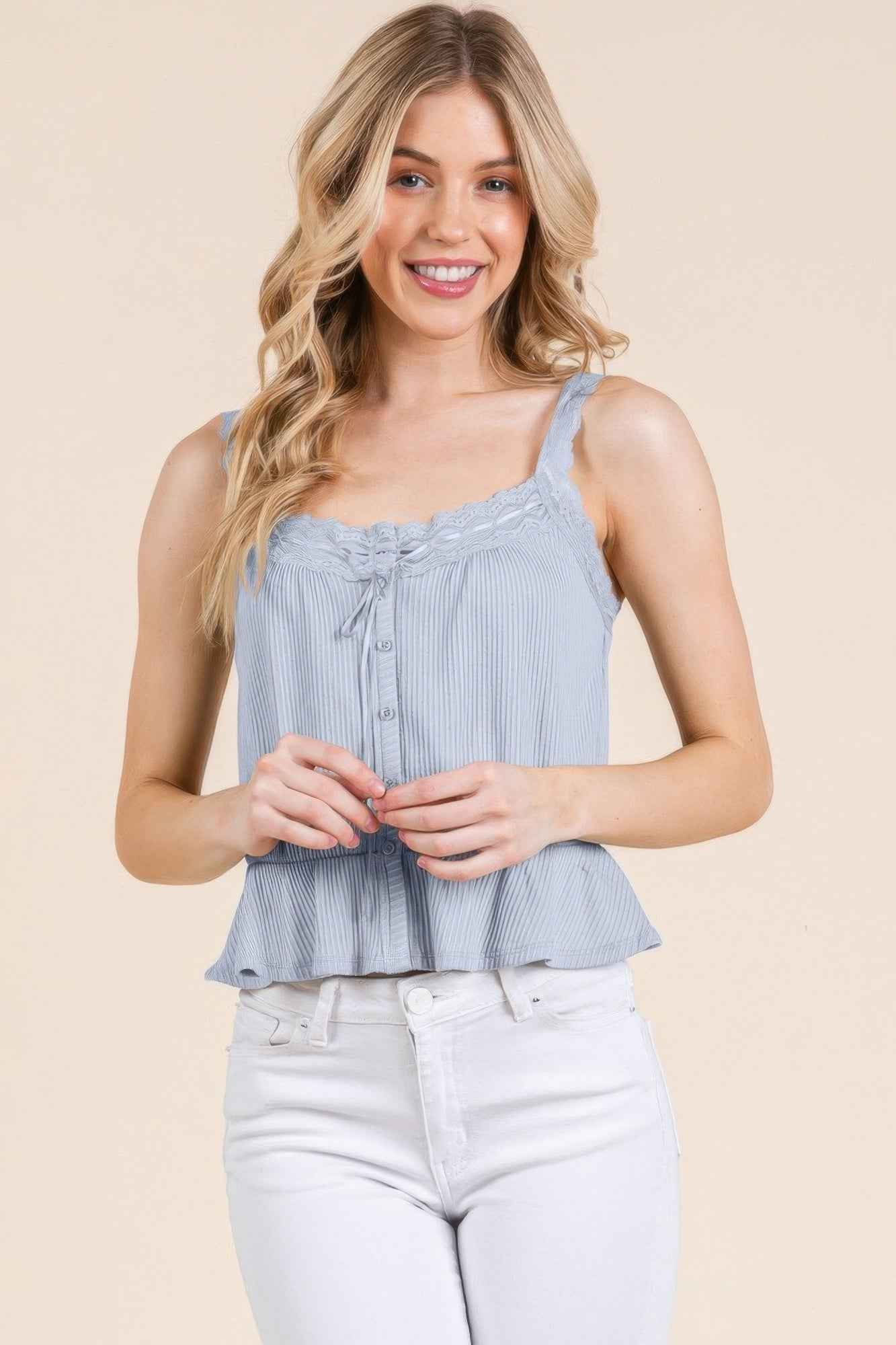 New Arrival – Lace Peplum Tie Front Ribbed Cami Top – New Arrival Now Live