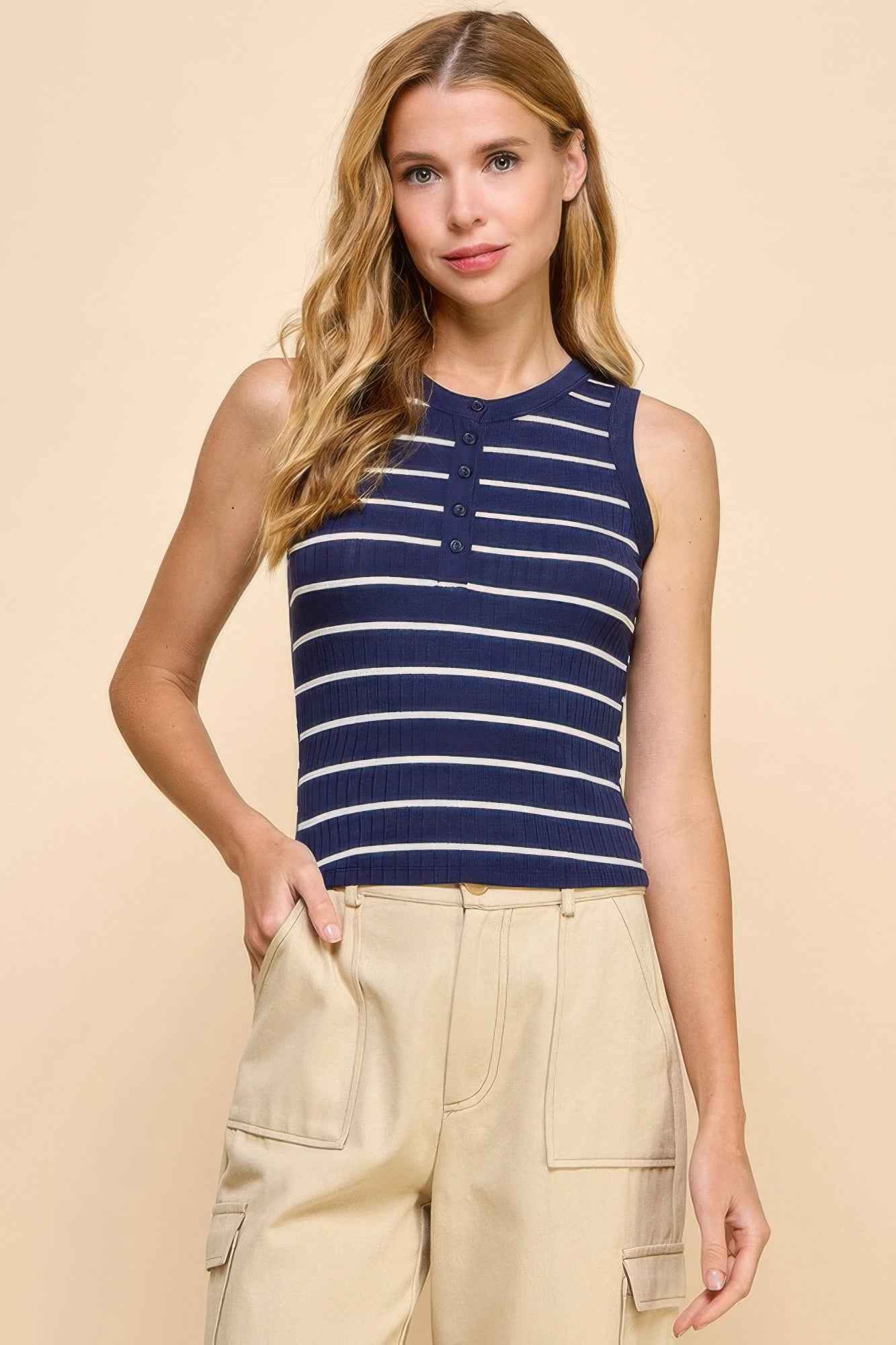 New Arrival – Button Detail Contrast Binding Stripe Tank Top – New Arrival Now Live