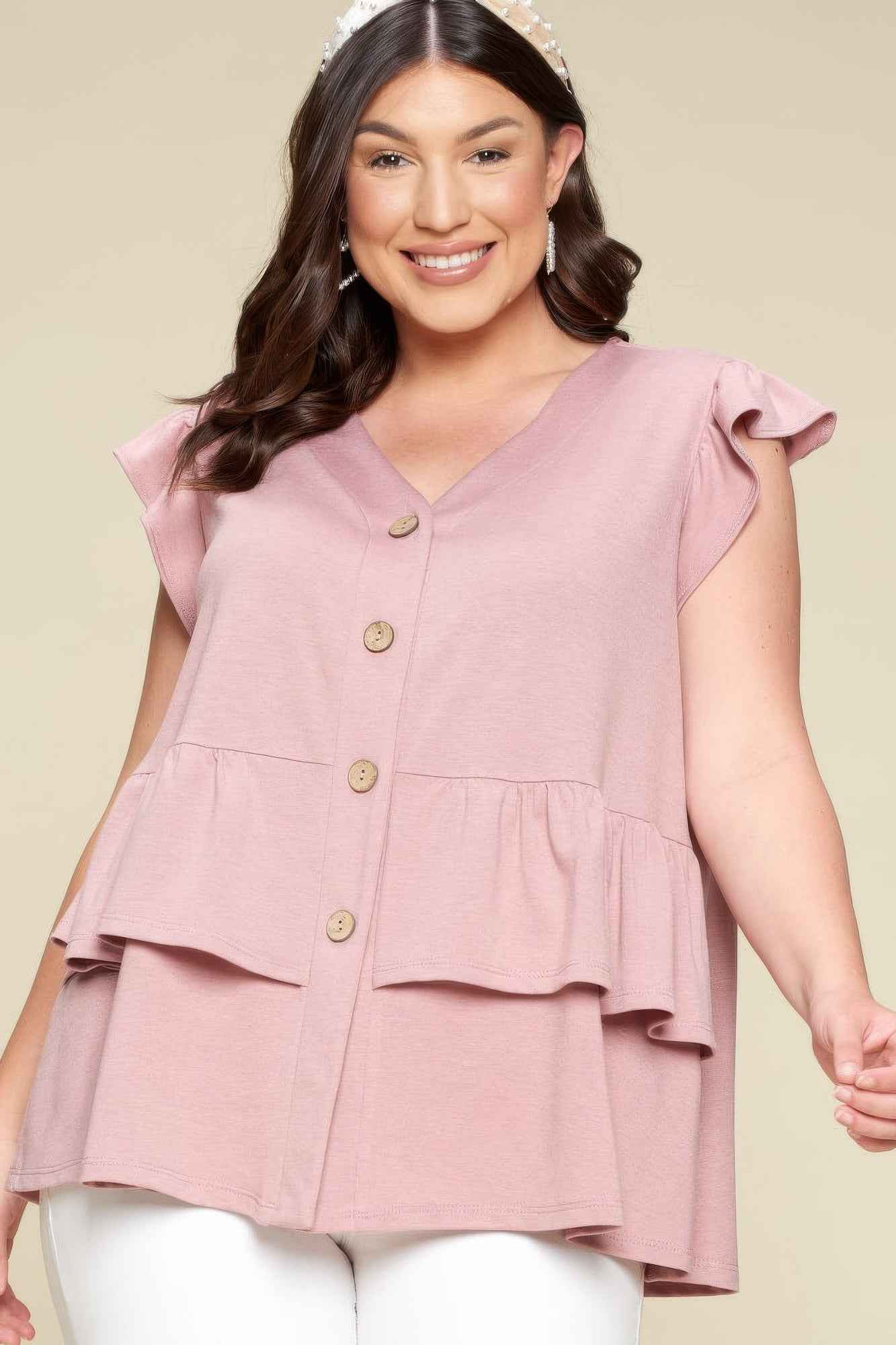 New Arrival – Plus Size Solid Button Flutter Sleeve Top – New Arrival Now Live