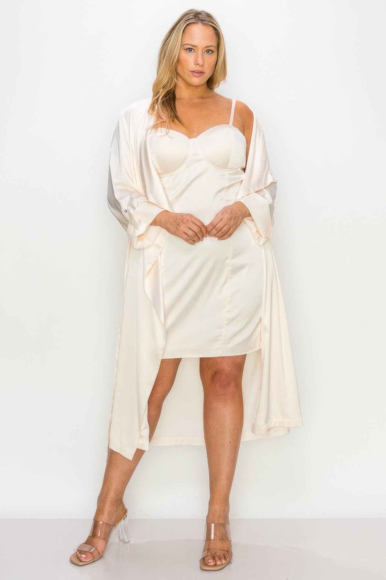New Arrival – Satin Strap Dress With Self Belt Coat Set – New Arrival Now Live