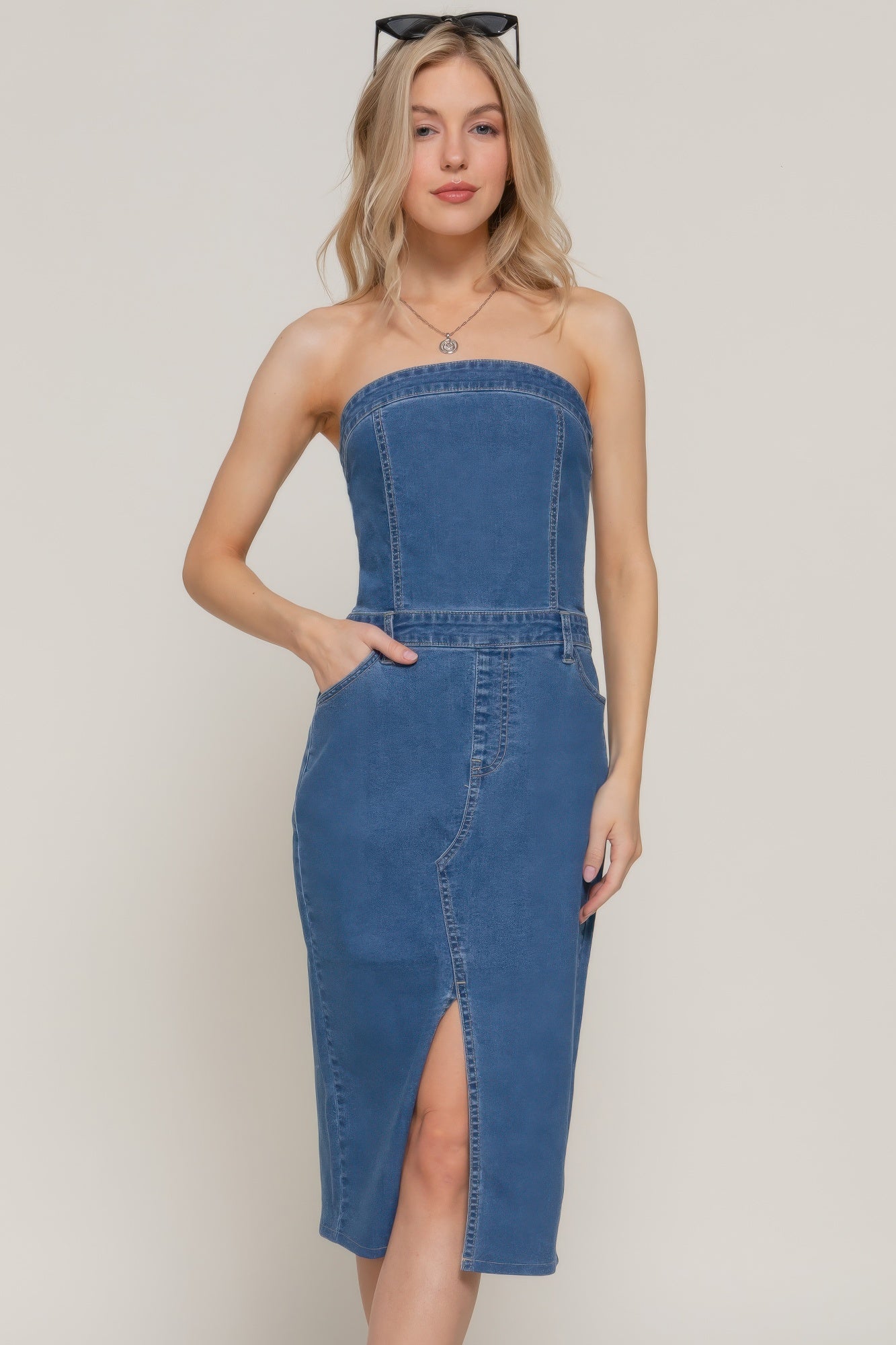 New Arrival – Stretch Denim Slit Tube Dress – New Arrival Now Live