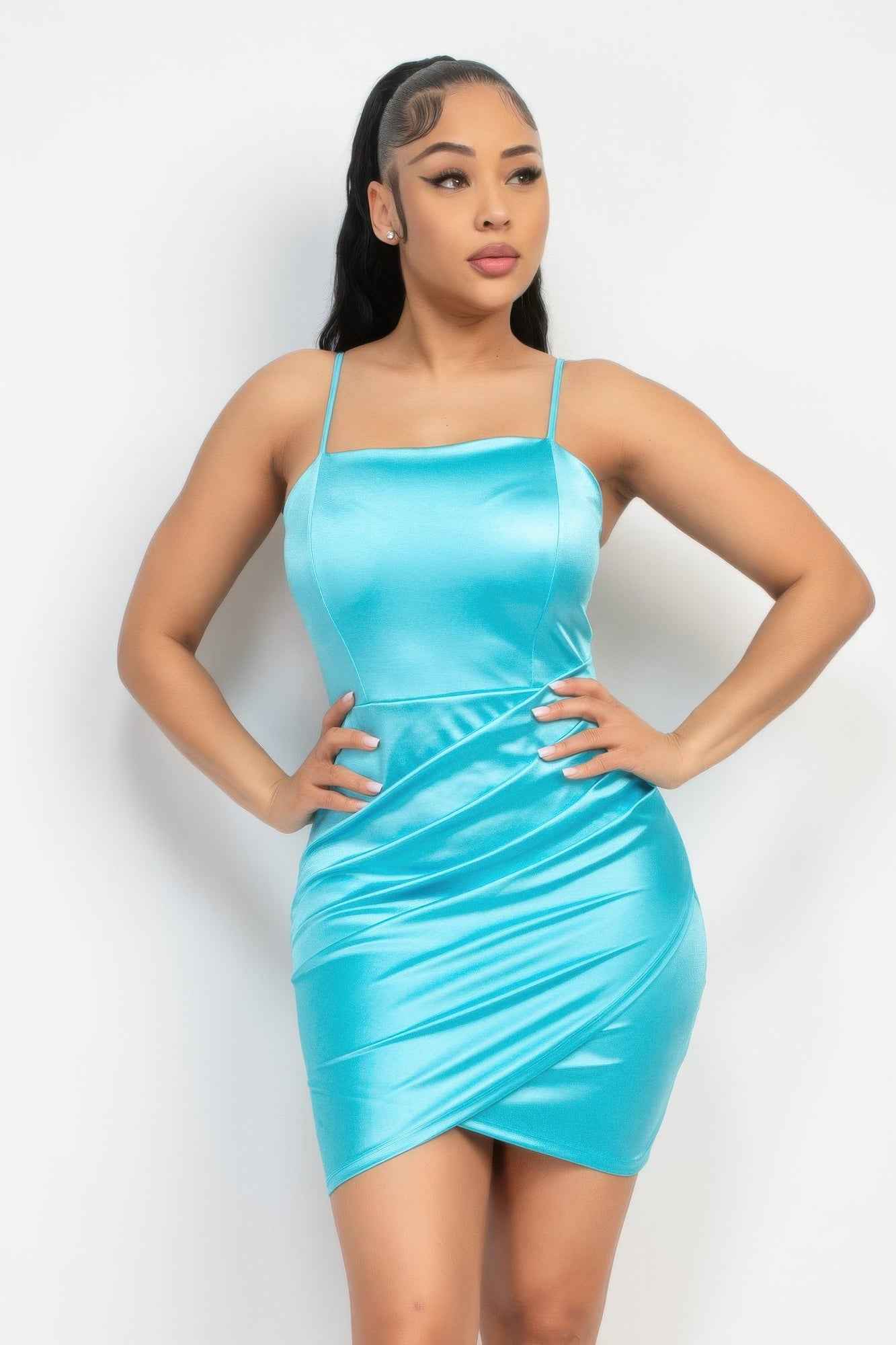 New Arrival – Overlapping Hem Shirred Satin Dress – New Arrival Now Live