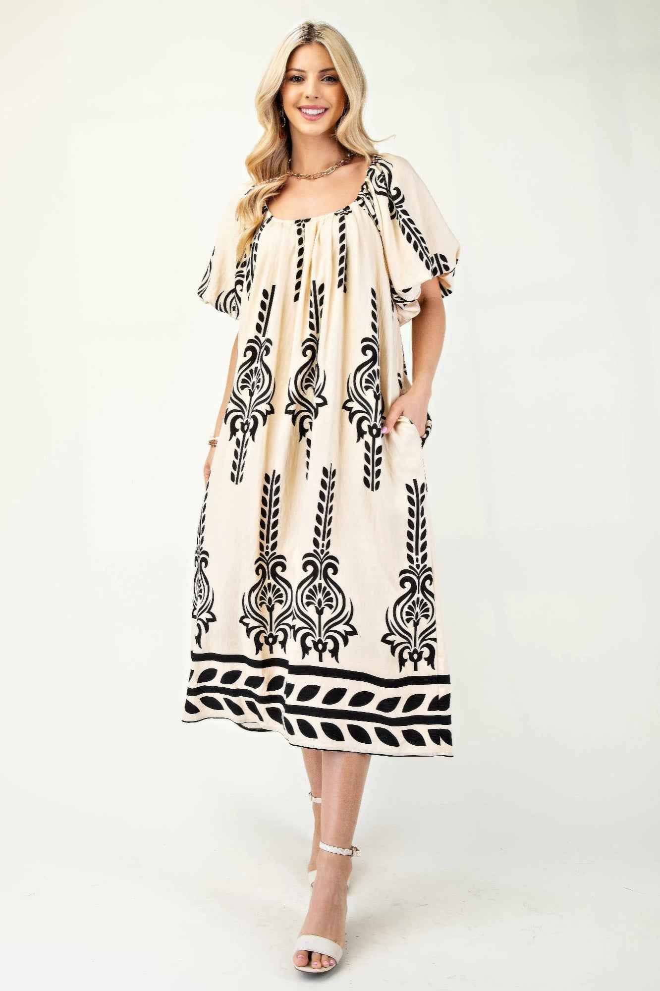 New Arrival – Printed Midi Dress With Short Puff Sleeves – New Arrival Now Live