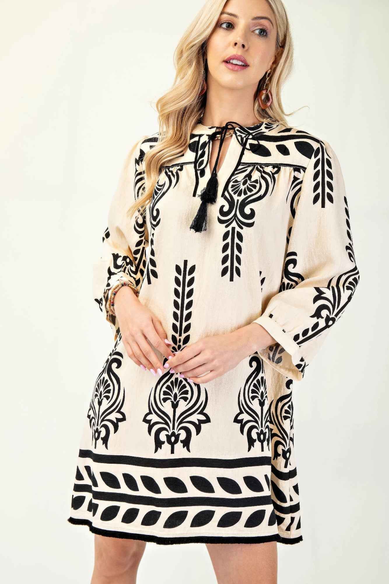 New Arrival – Printed 3/4 Sleeve Dress With Tassel Tie And Fringe Detail On Hem – New Arrival Now Live