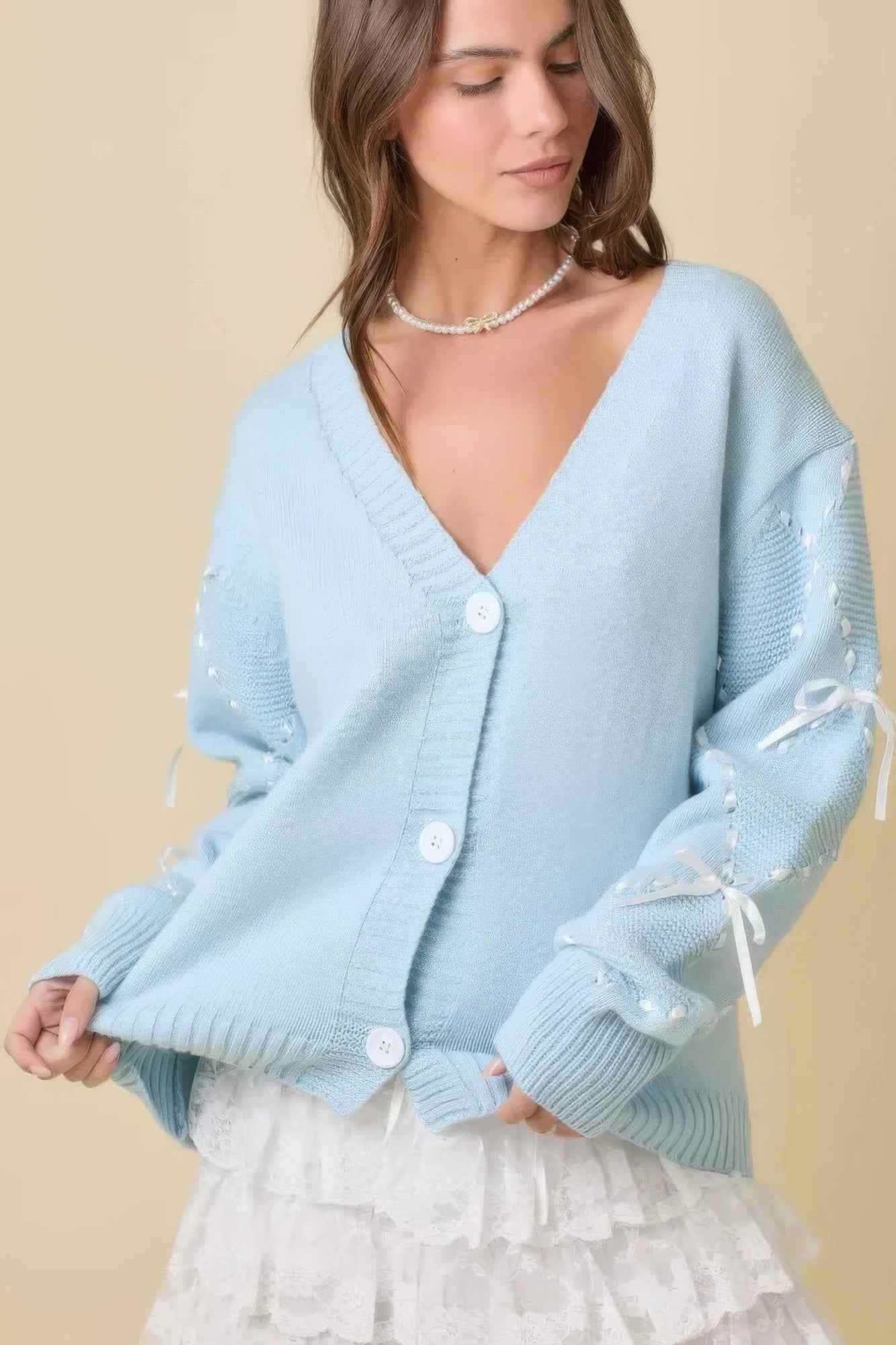 New Arrival – Hand Sewn Satin Ribbon Detail On Sleeve Cardigan – New Arrival Now Live