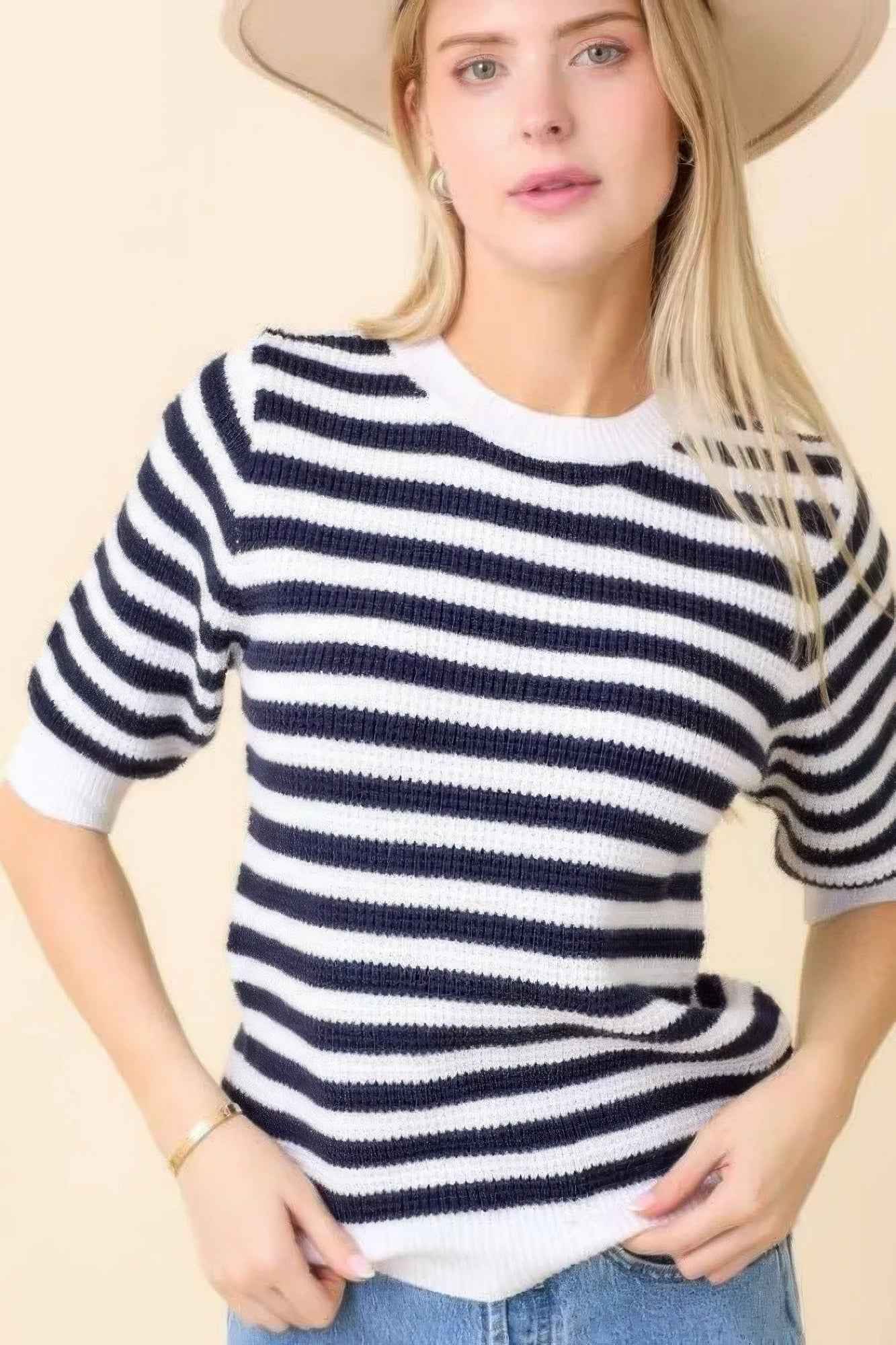 New Arrival – Short Sleeve Sweater Knit Stripe Top – New Arrival Now Live