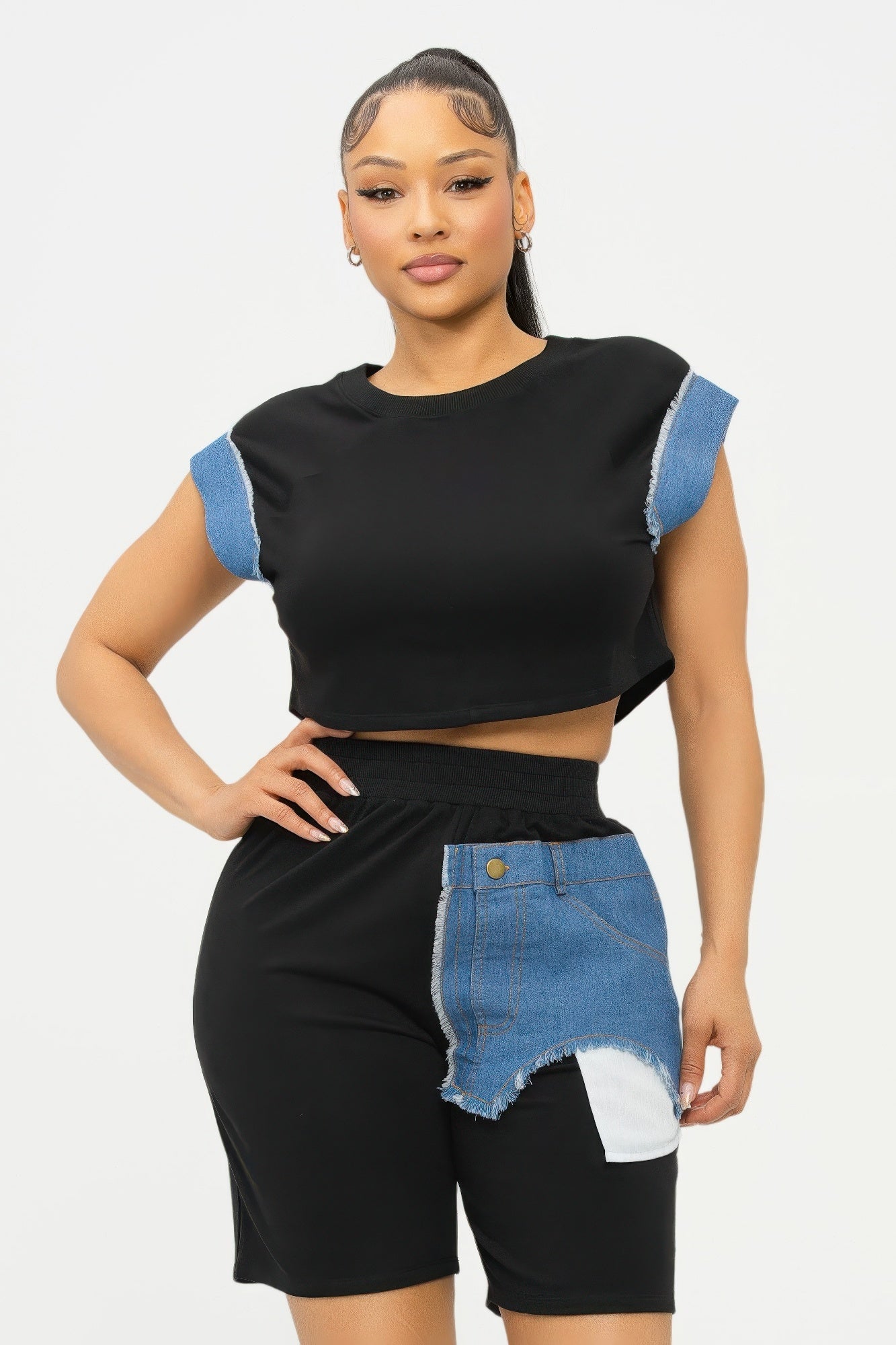 New Arrival – Color Block Denim Sleeve Top And Biker Shorts Set – New Arrival Now Live