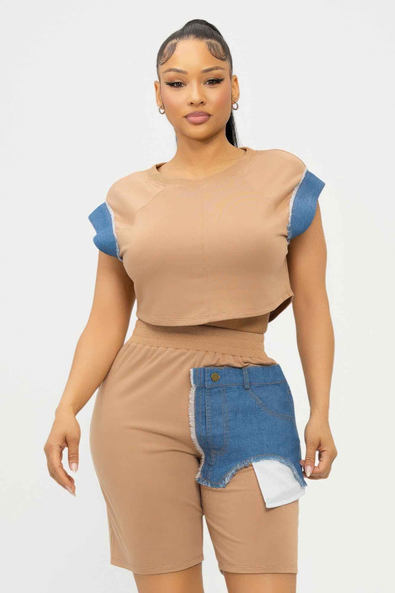 New Arrival – Color Block Denim Sleeve Top And Biker Shorts Set – New Arrival Now Live