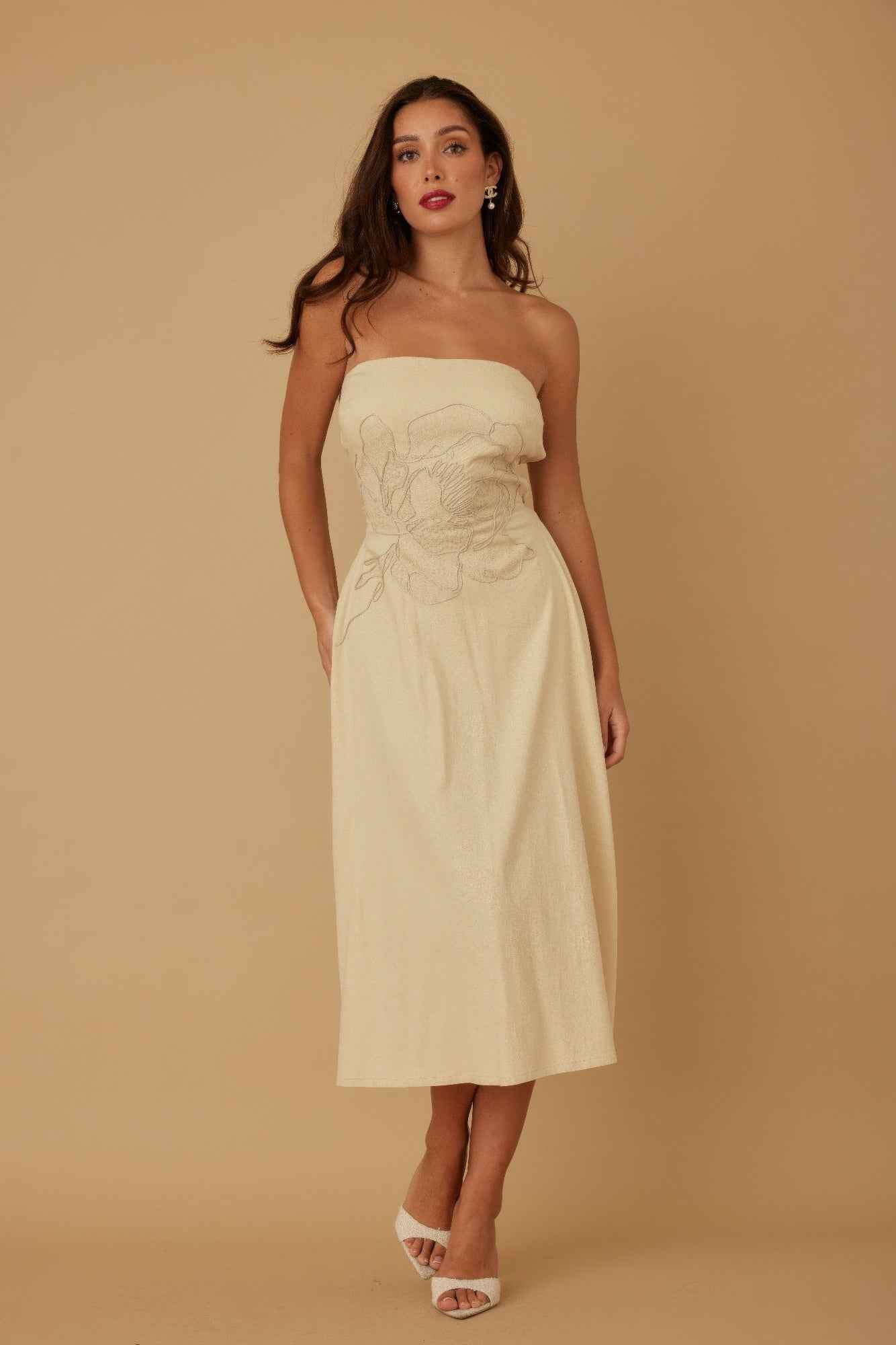 New Arrival – Flower Lining Linen Pattern Strapless Dress – New Arrival Now Live