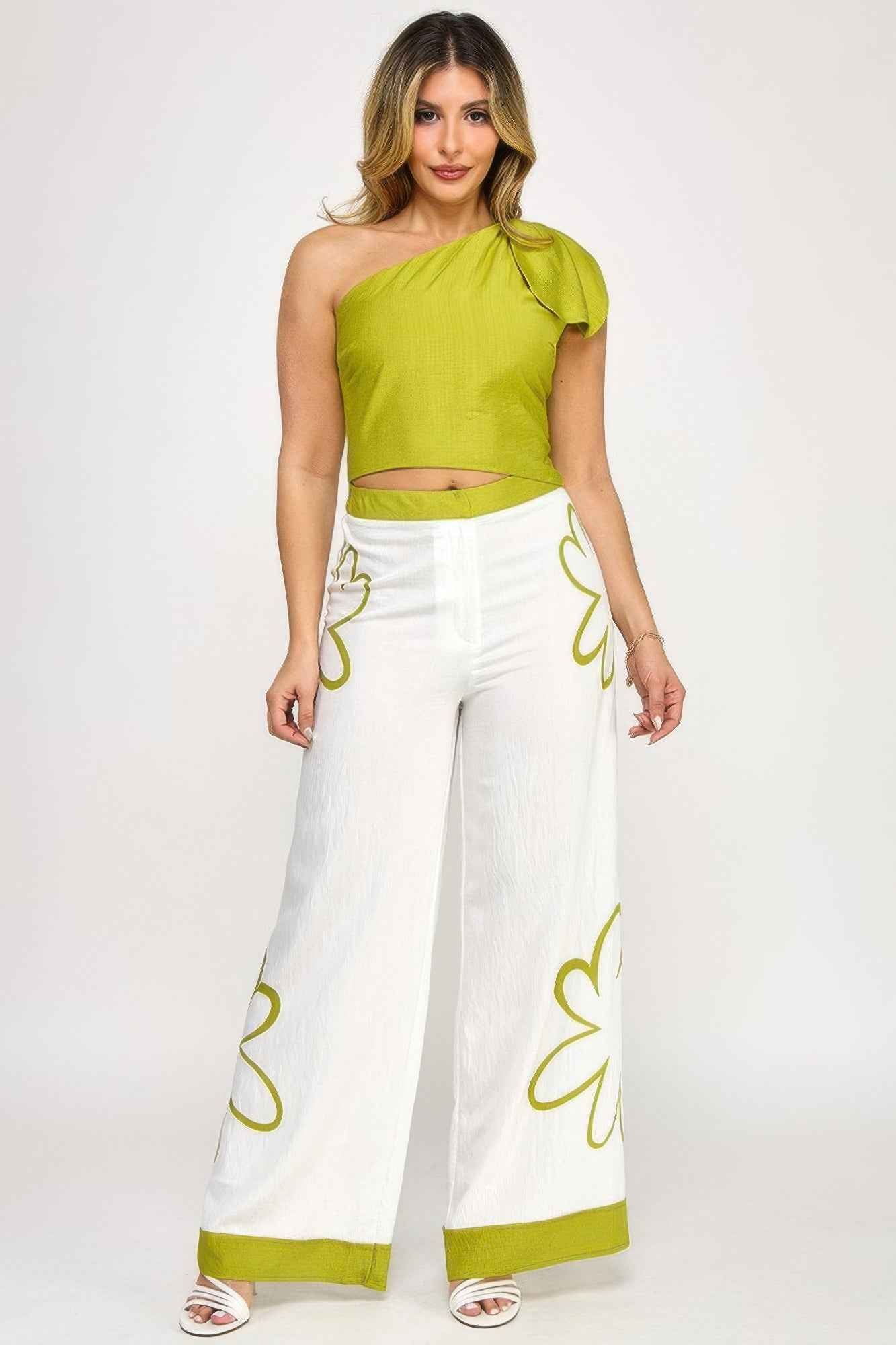 New Arrival – Bow One Shoulder Top With Print Pants Set – New Arrival Now Live