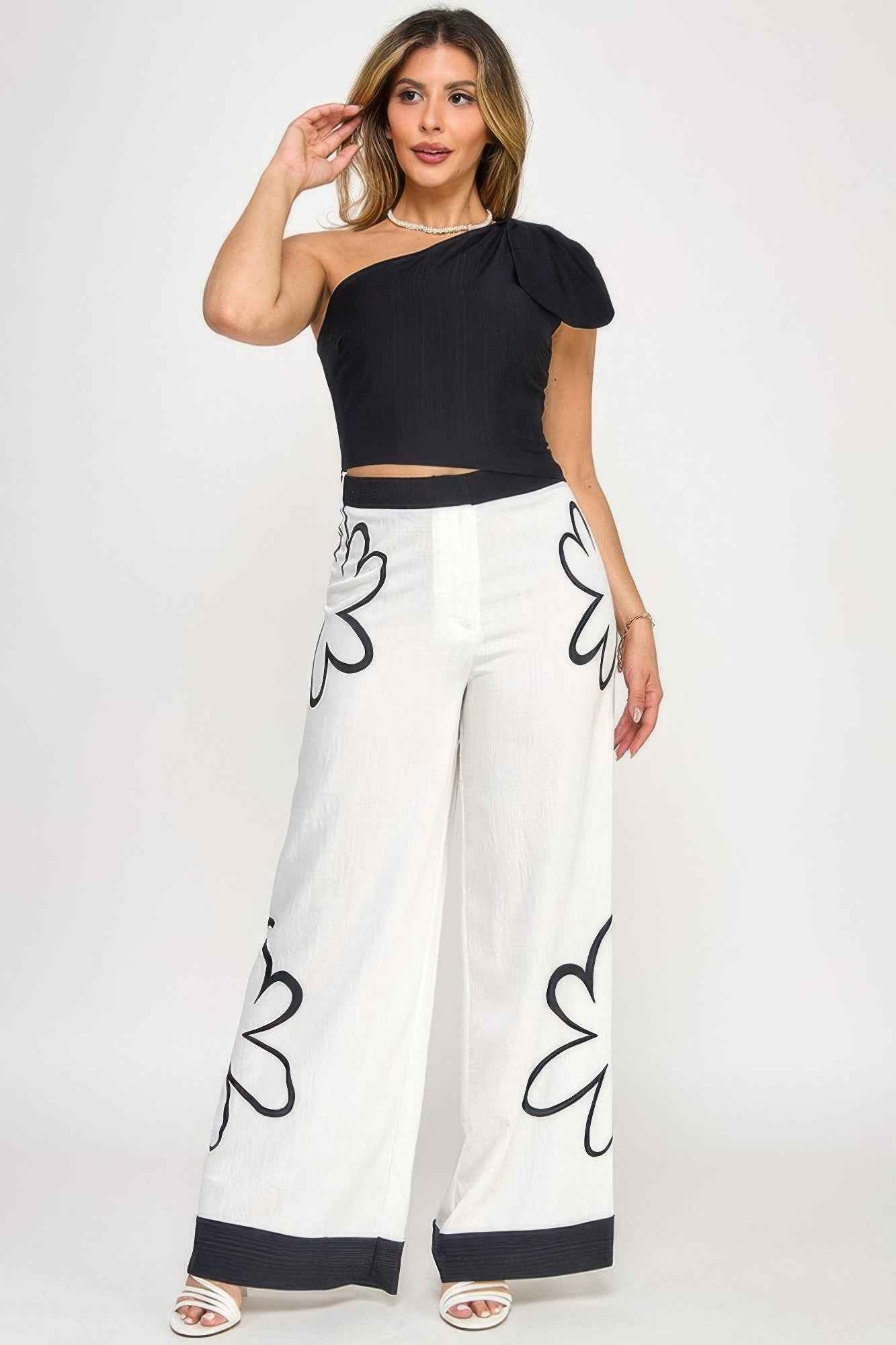 New Arrival – Bow One Shoulder Top With Print Pants Set – New Arrival Now Live