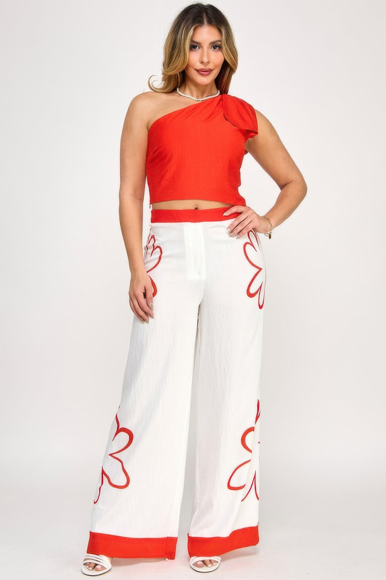 New Arrival – Bow One Shoulder Top With Print Pants Set – New Arrival Now Live