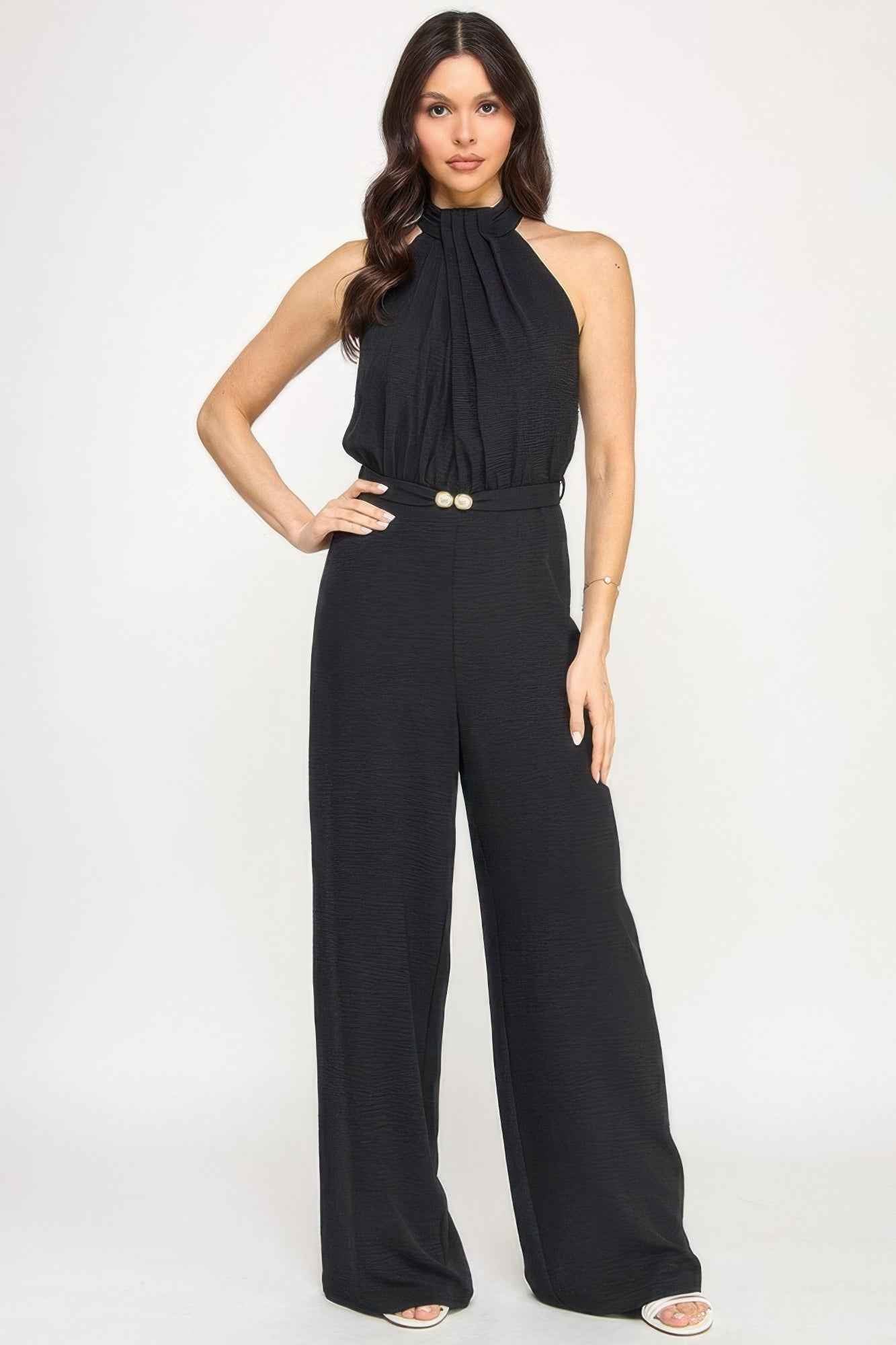 New Arrival – Halter Neck Pleated Top With Beaded Belt Jumpsuit – New Arrival Now Live