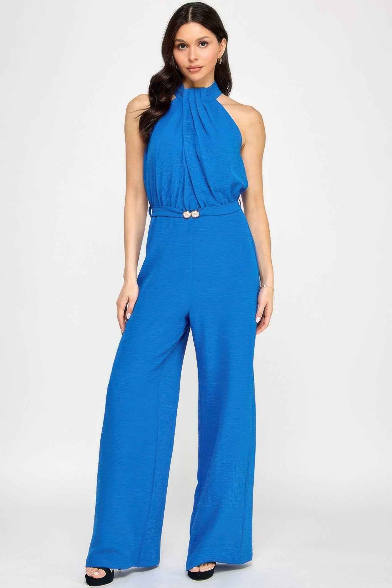 New Arrival – Halter Neck Pleated Top With Beaded Belt Jumpsuit – New Arrival Now Live
