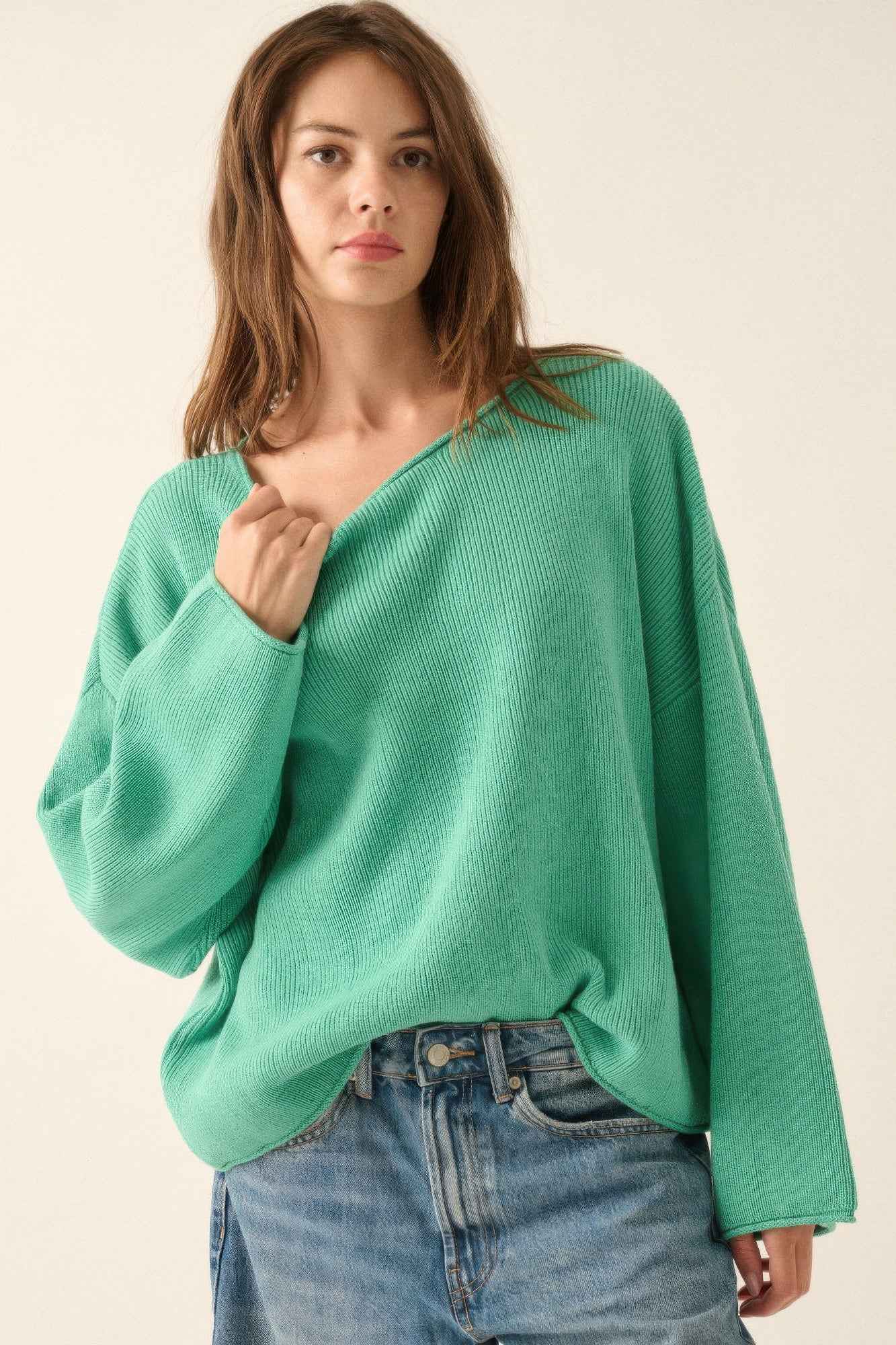Solid Rib-knit Oversized Boatneck Sweater