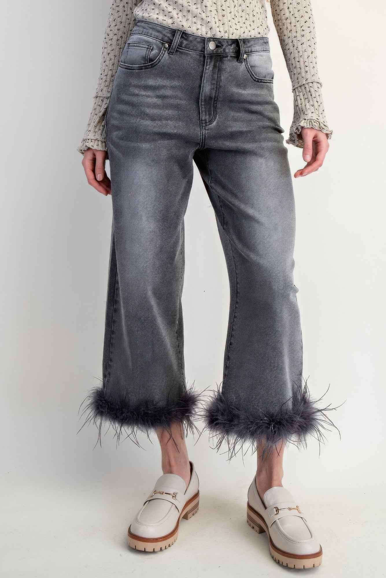 Fur Bottom Hem Washed Stretch Denim Pants