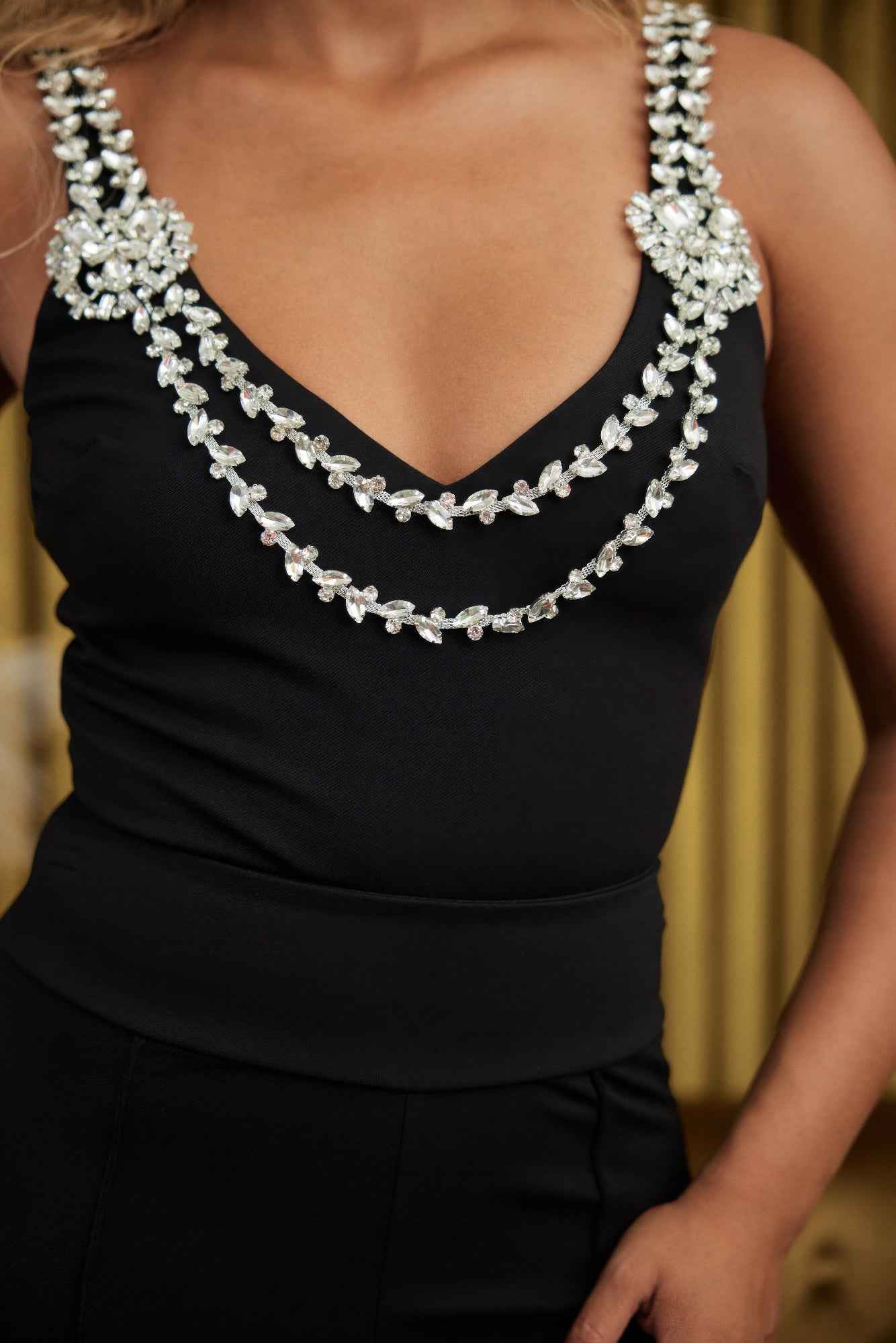 Layered Crystal Stone Strap Bodysuit