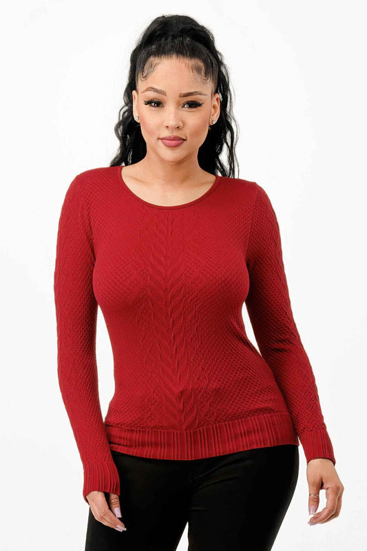 Long Sleeve Solid Jacquard Knit Top