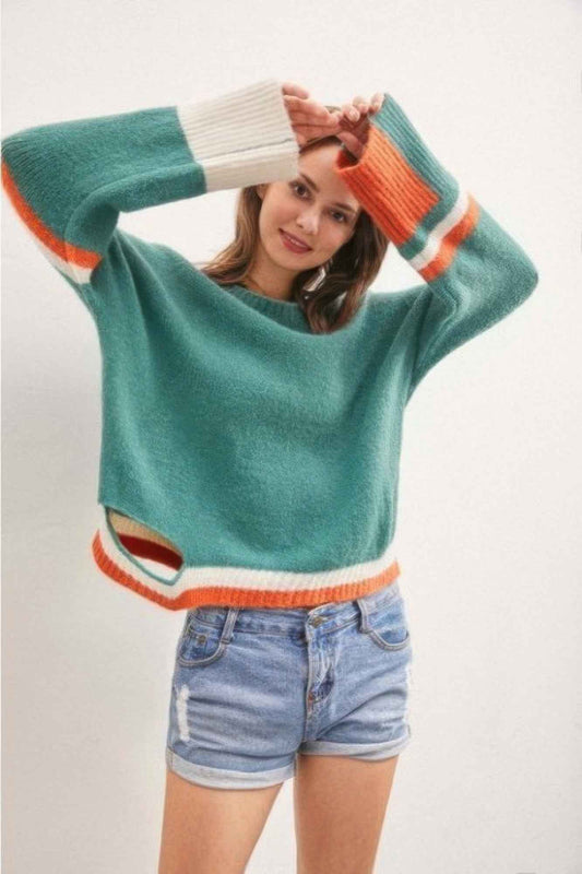 Color Block Sweater With Cut Out