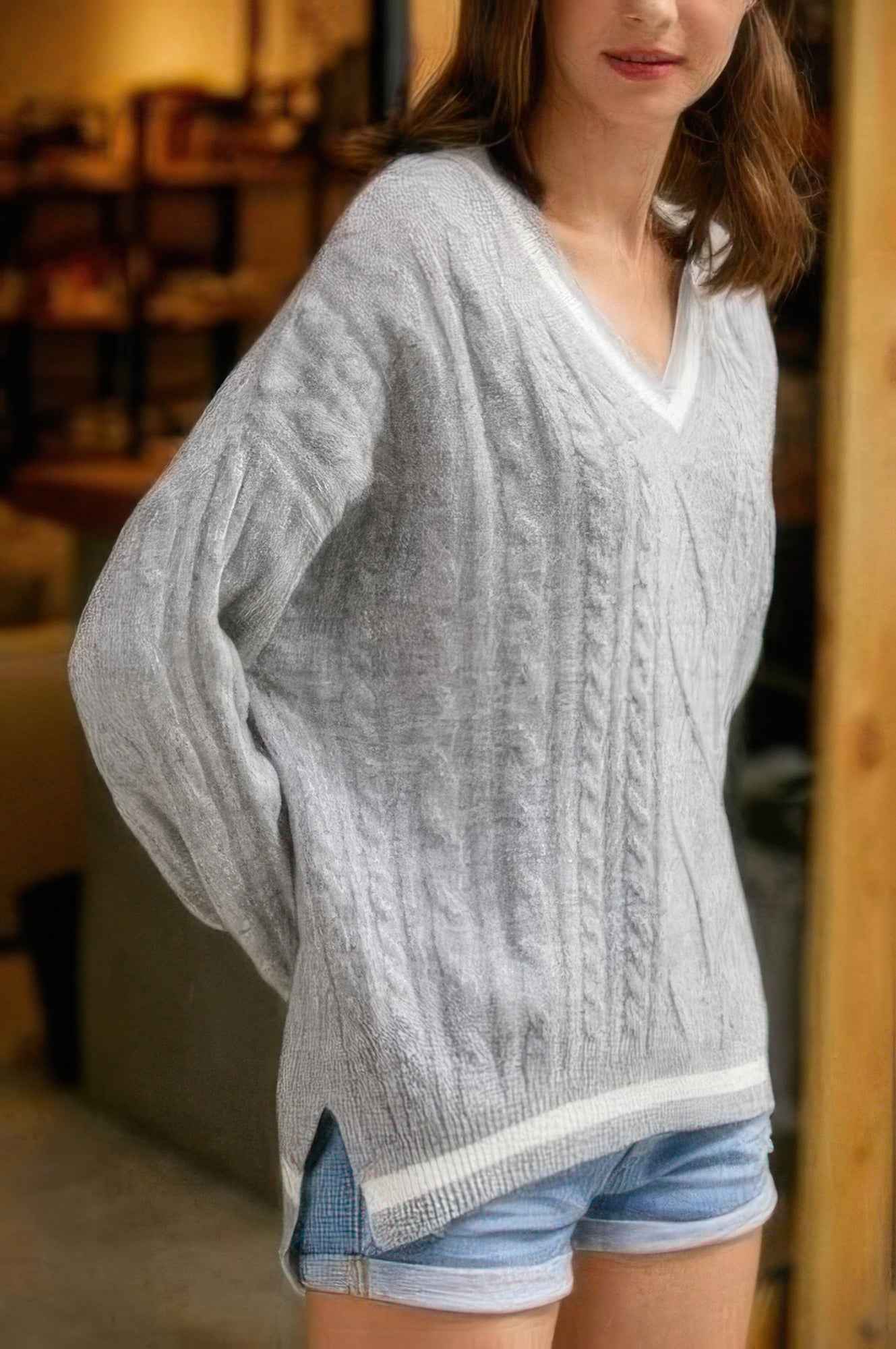 Braid Knit V Neck Sweater