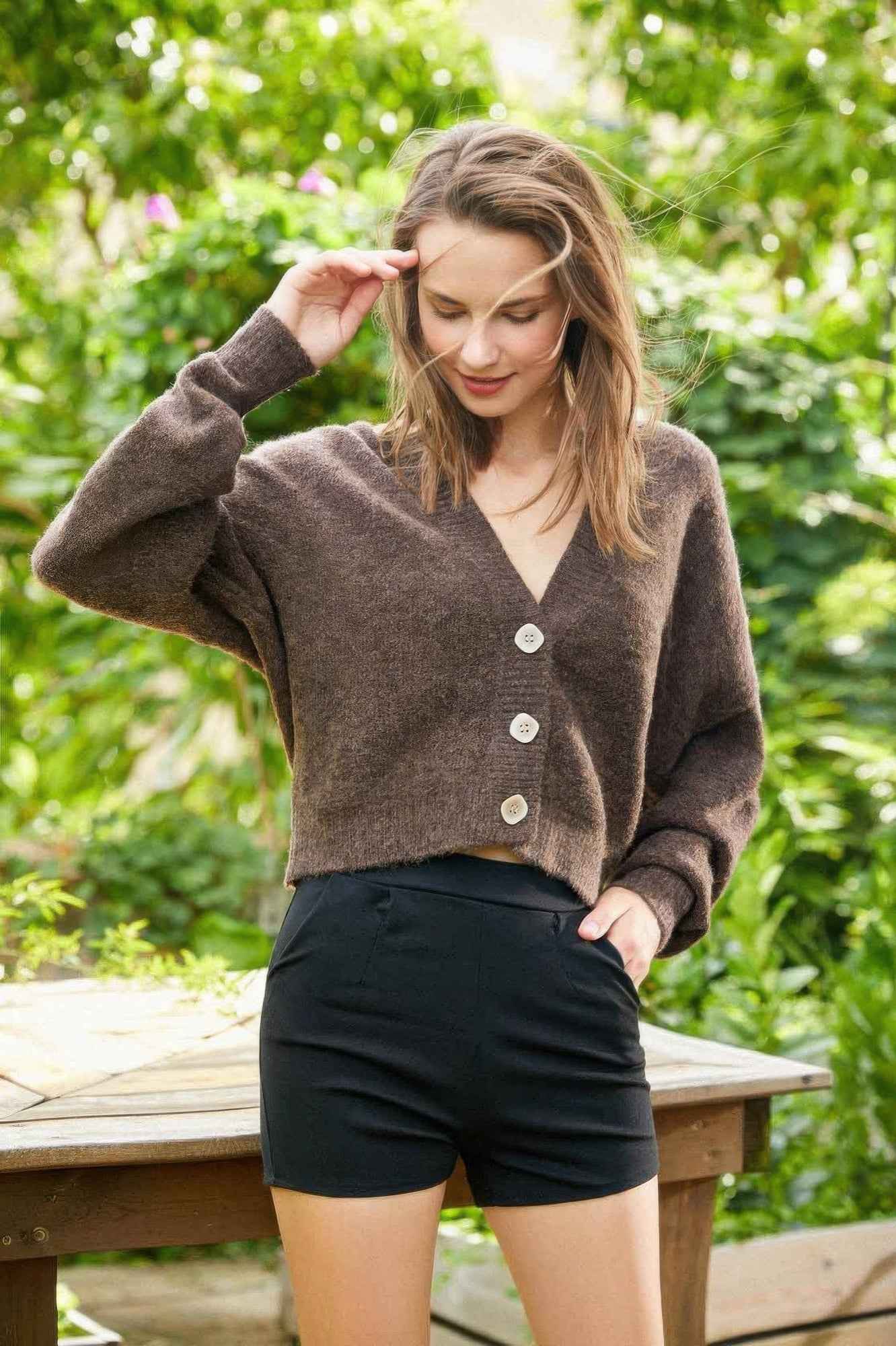 Low V-neck Button Sweater Top