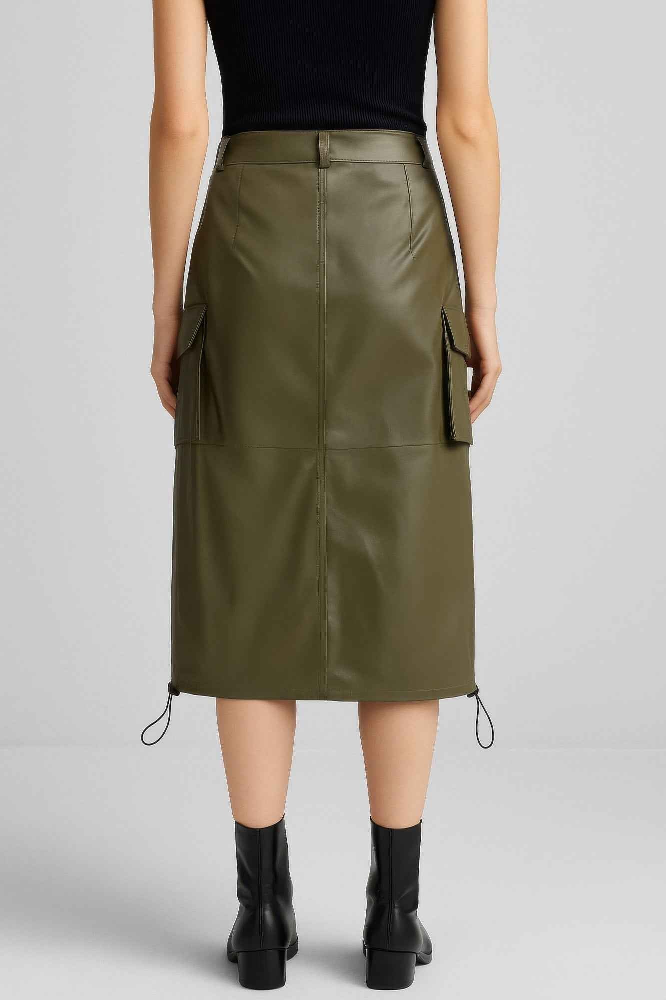 Pu Side Pockets Midi Skirt