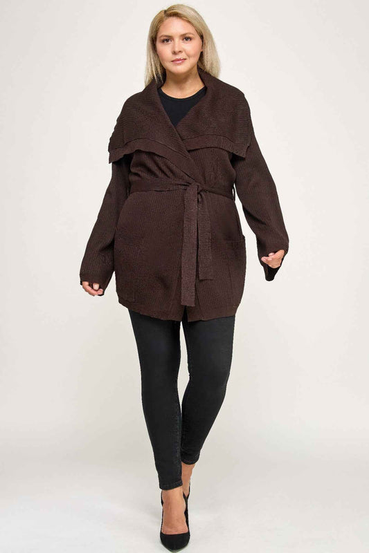 Plus Size Ribbed Wrap Cardigan With Waist Belt