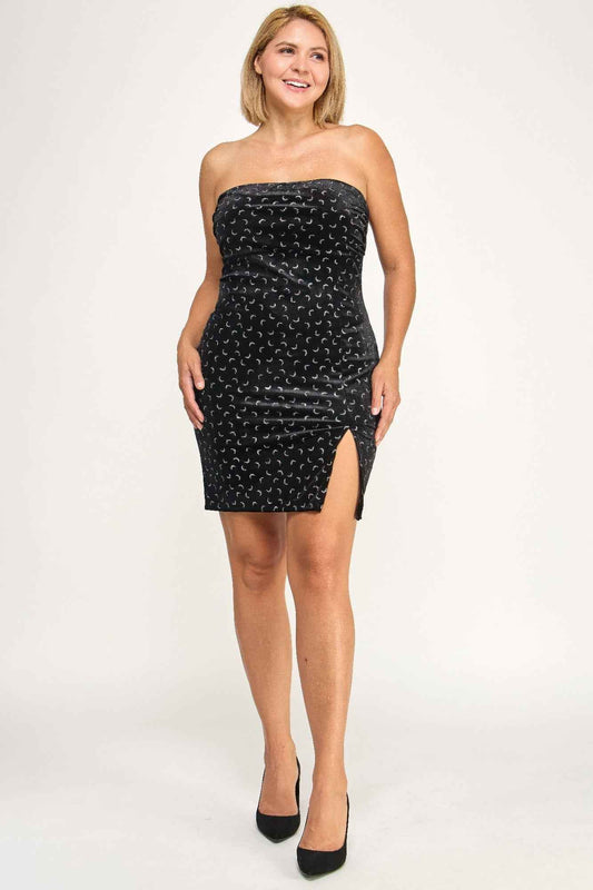 Plus Velvet Strapless Dress W/ Metal Crescent Det