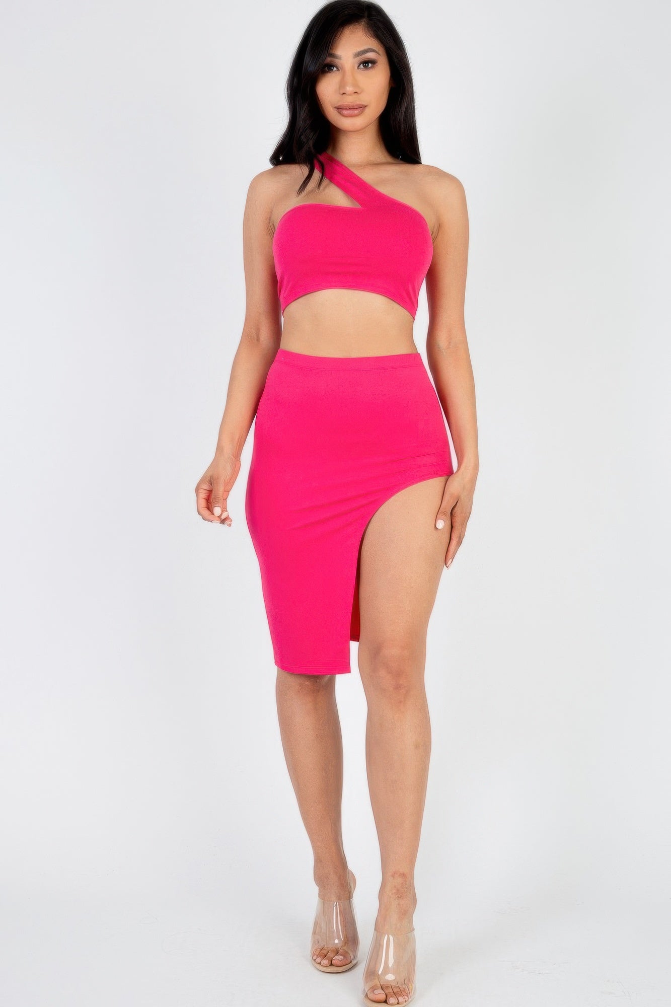 New Arrival – Sexy Solid One Shoulder Crop Top & Split Thigh Midi Skirt Set – New Arrival Now Live