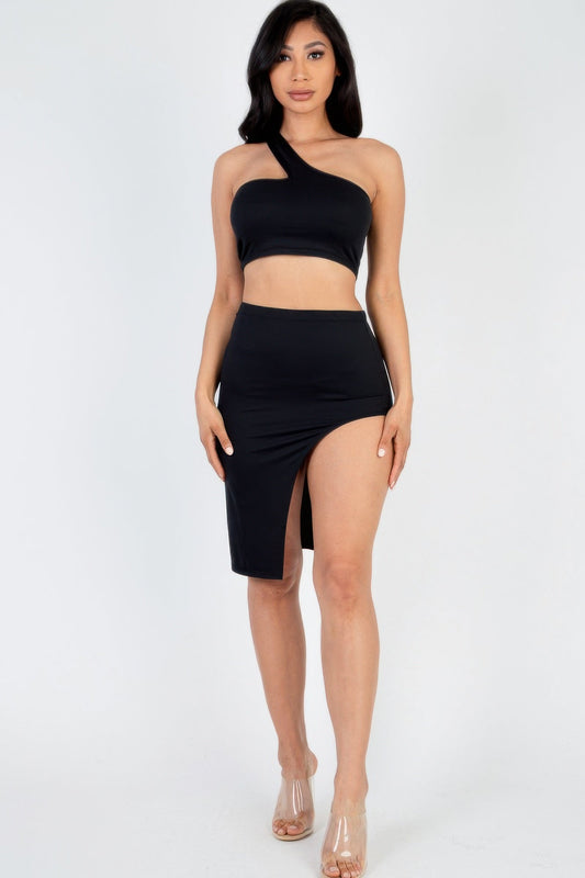 Sexy Solid One Shoulder Crop Top & Split Thigh Midi Skirt Set – New Arrival Now Live