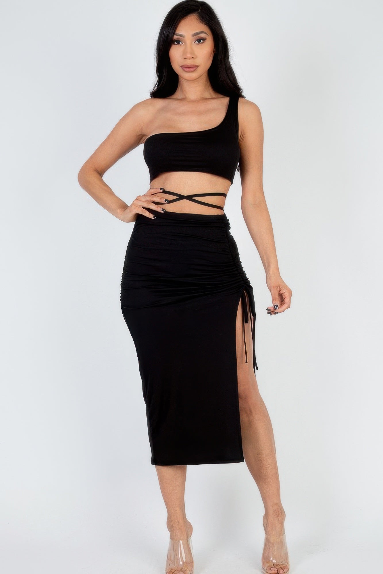 Sexy Solid Color One Shoulder Crop Top & Drawstring Ruched Crisscross Tie Back Side Slit Hem Skirt Set – New Arrival Now Live