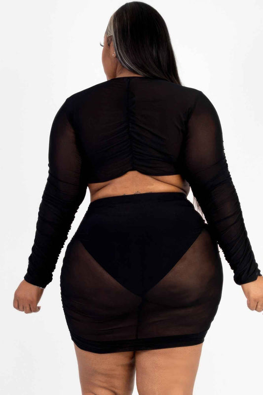 Plus Size Sheer Mesh Tie Front Crop Top & Ruched Side Mini Dress – Stylish & Comfortable – New Arrival Now Live