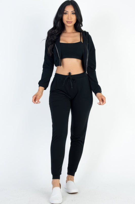 French Terry Cropped Cami With Zip-up Jacket And Joggers Set – New Arrival Now Live