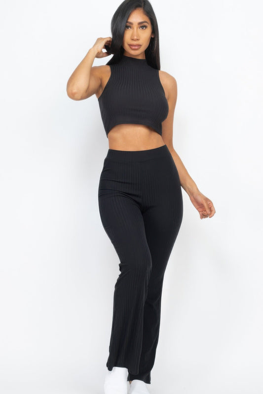 Ribbed Mock Neck Crop Tank Top & Bootcut Pants Set – New Arrival Now Live