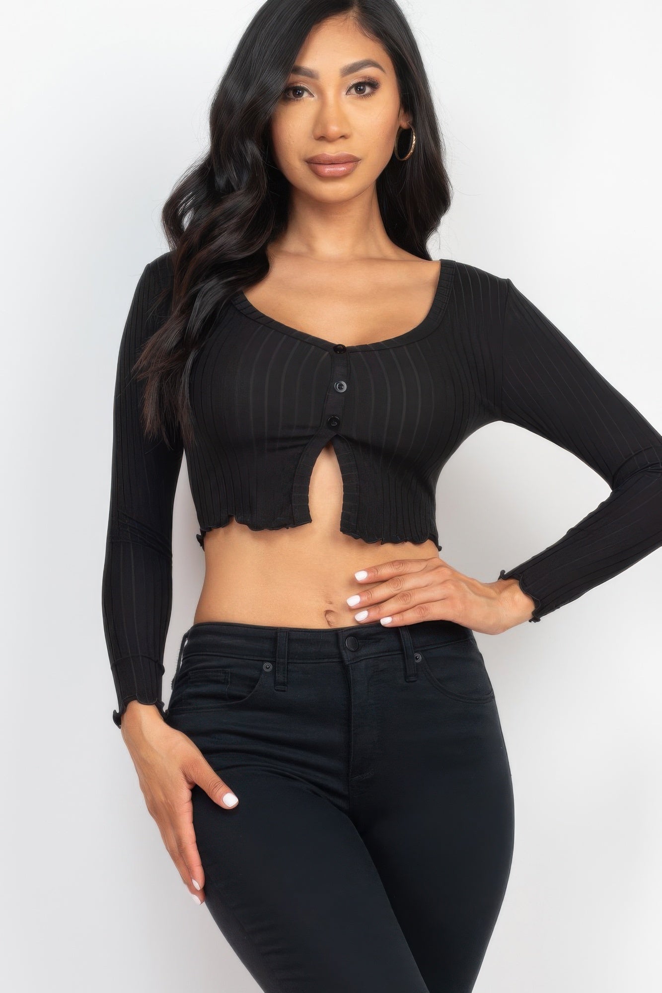 Ribbed Button Front Split Long Sleeve Top – New Arrival Now Live
