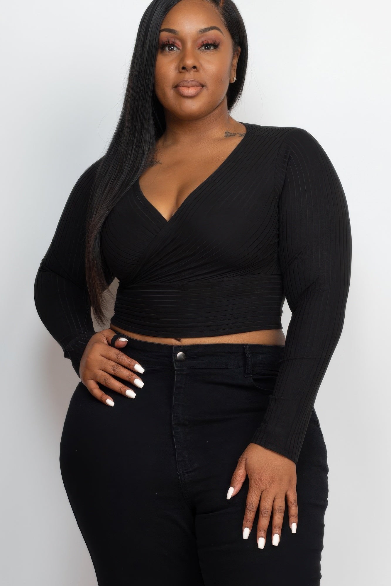 Plus Size Ribbed Wrap Front Long Sleeve Top – New Arrival Now Live